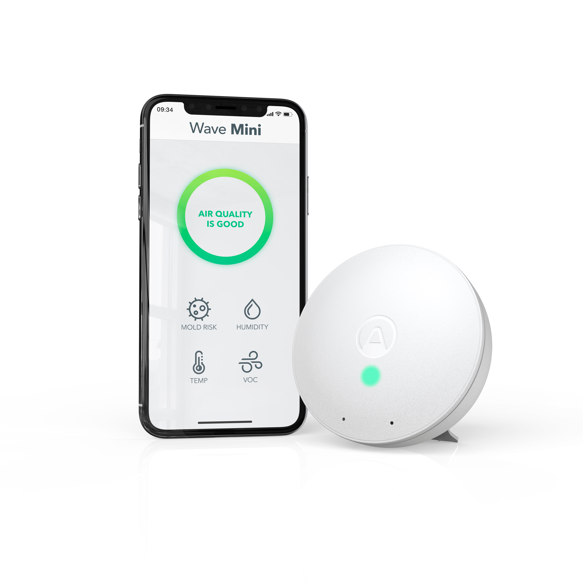 Airthings Wave Mini Hero Image Main with Simplified App_GLOW_WEB