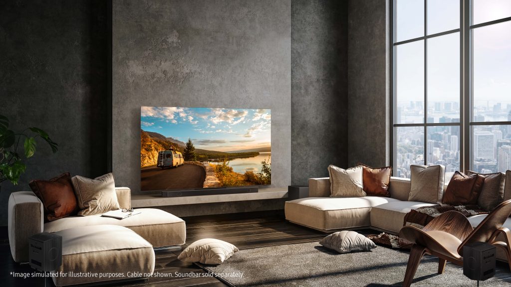 Samsung QN900C Neo QLED 8K Smart TV with the HW-Q990C Soundbar (sold separately). Image simulated for illustrative purposes.